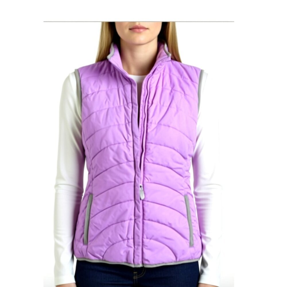 Lands End girls pink quilted puffer vest with a high collar Size M